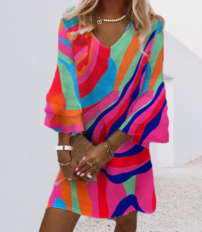 Colorful geometric striped mini dress with ruffled bell sleeves and v-neckline