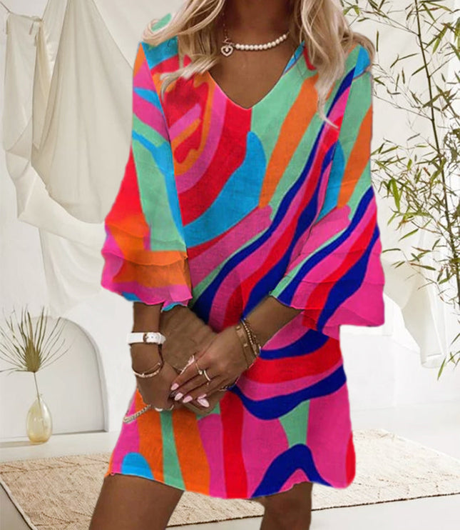 Vibrant rainbow striped summer mini dress with bell sleeves and flowing silhouette
