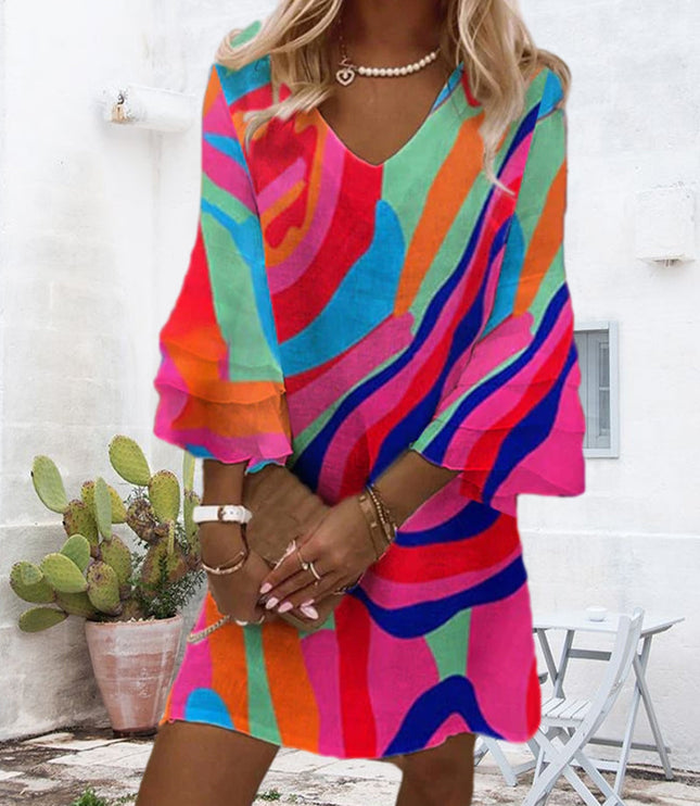 Women's bright multicolor striped mini dress with voluminous bell sleeves and v-neck