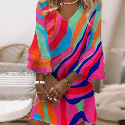 Multicolor striped bell sleeve mini dress with v-neck in pink, blue, orange, and green