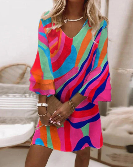 Multicolor striped bell sleeve mini dress with v-neck in pink, blue, orange, and green