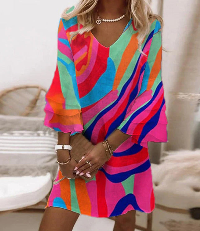 Multicolor striped bell sleeve mini dress with v-neck in pink, blue, orange, and green