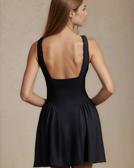 Vestido mini negro de verano para mujer con escote en V y bolsillos