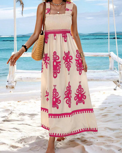Cream bohemian maxi dress with pink floral print, square neck and sleeveless straps