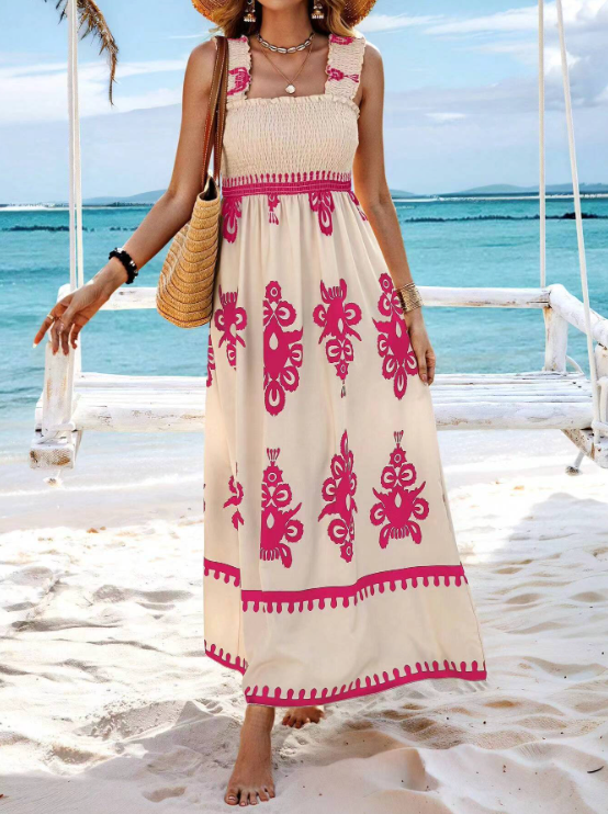 Cream bohemian maxi dress with pink floral print, square neck and sleeveless straps