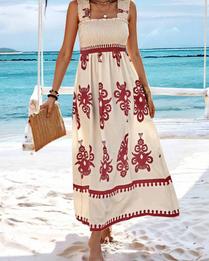 Front view of cream bohemian floral maxi dress with red print, square neckline and sleeveless top