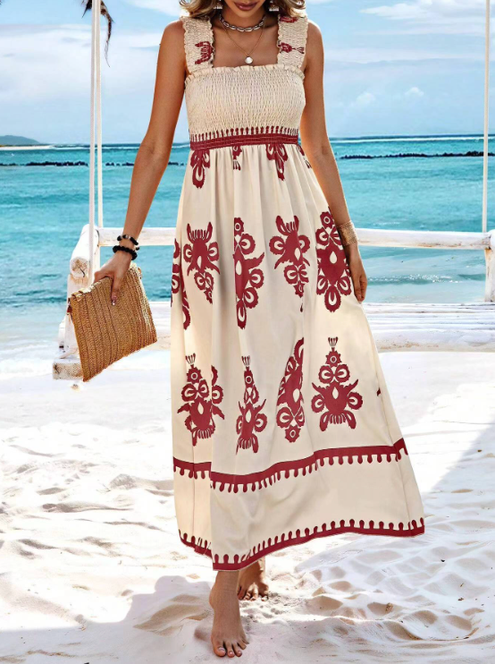 Front view of cream bohemian floral maxi dress with red print, square neckline and sleeveless top
