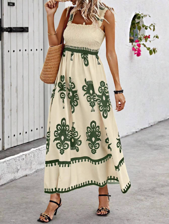 Cream bohemian floral maxi dress with green print, smocked bodice and square neckline