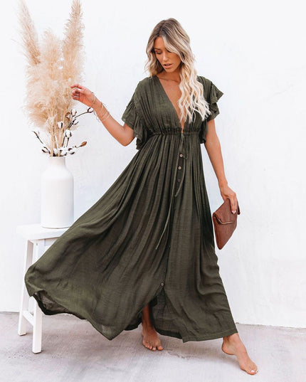 Olive green maxi dress with deep V neck, button front, flutter sleeves, and relaxed summer fit