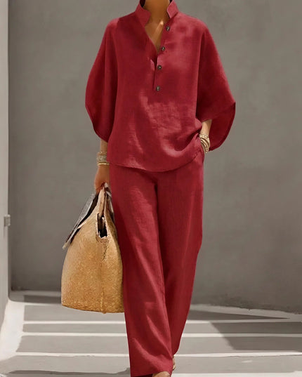 Burgundy red linen two piece set with half button shirt top and wide leg pants