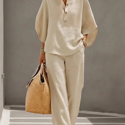 Cream linen two piece set with button up top and wide leg pants, relaxed summer outfit