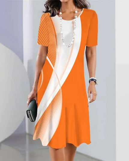 Orange and white abstract print midi dress with short sleeves, relaxed casual women’s dress
