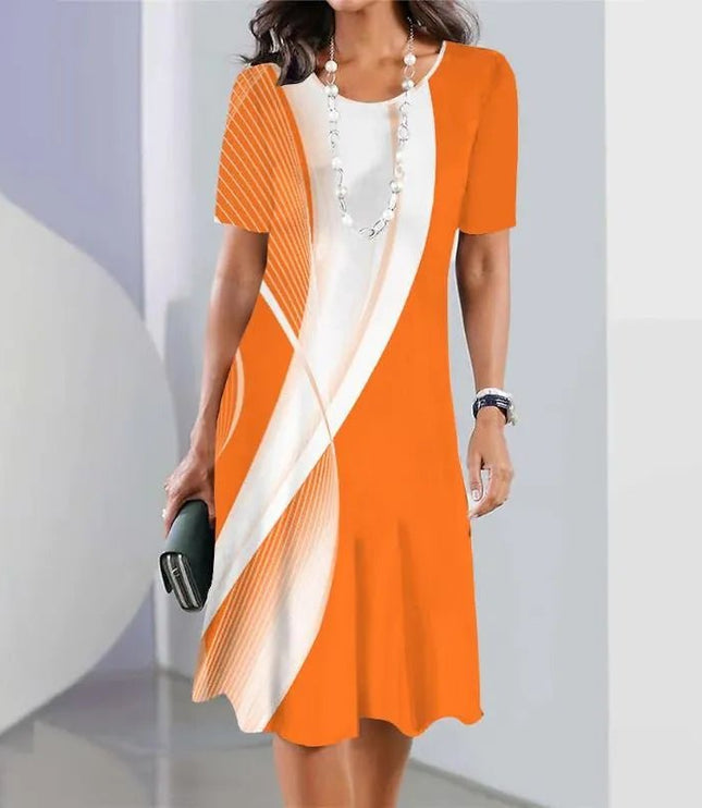 Orange and white abstract print midi dress with short sleeves, relaxed casual women’s dress