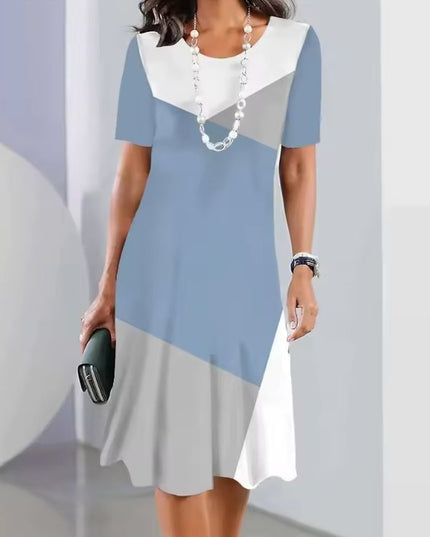 Light blue and white color block midi dress with short sleeves, casual women’s t shirt dress