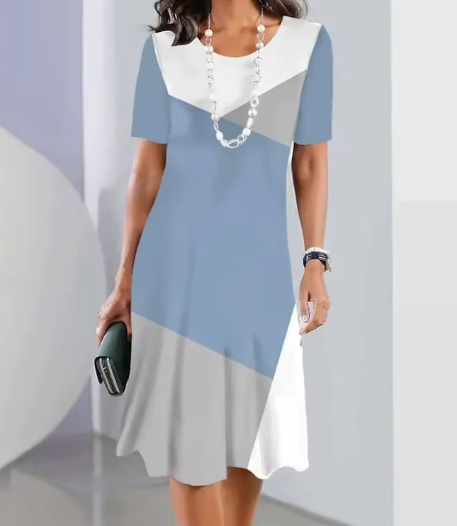 Light blue and white color block midi dress with short sleeves, casual women’s t shirt dress