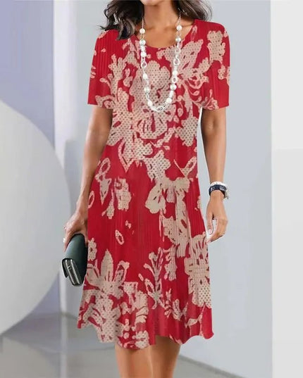 Red midi dress with beige floral abstract print and short sleeves, casual women’s t shirt dress