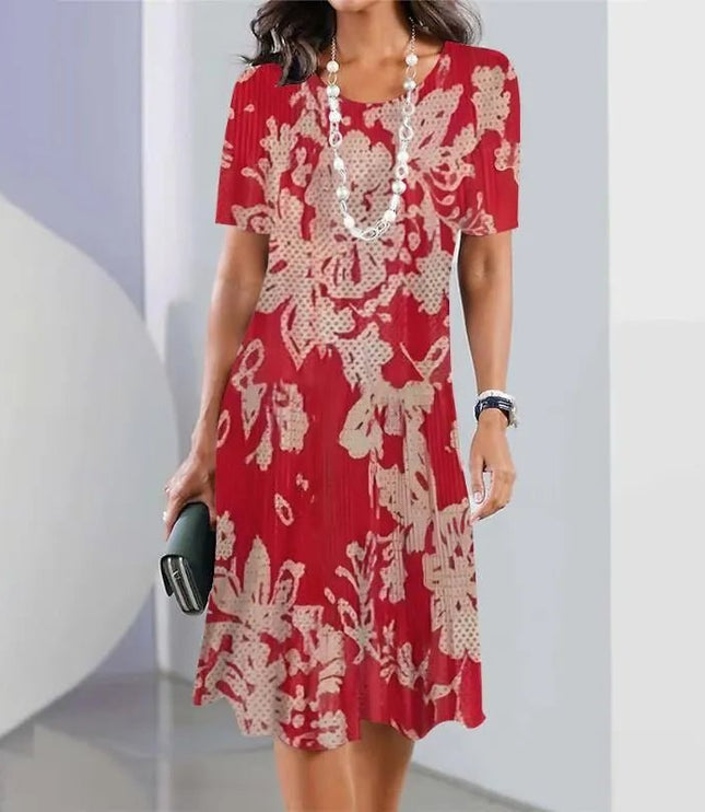 Red midi dress with beige floral abstract print and short sleeves, casual women’s t shirt dress