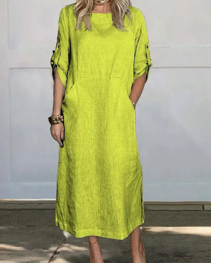 Lime green summer midi dress with pockets, rolled sleeves, and breezy casual look