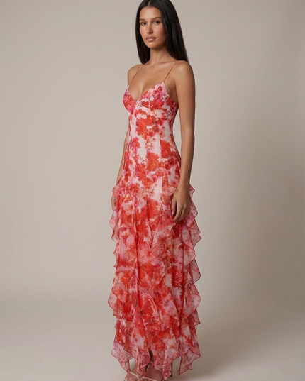 Vestido maxi coral de verano con escote en V para invitada de boda mujer