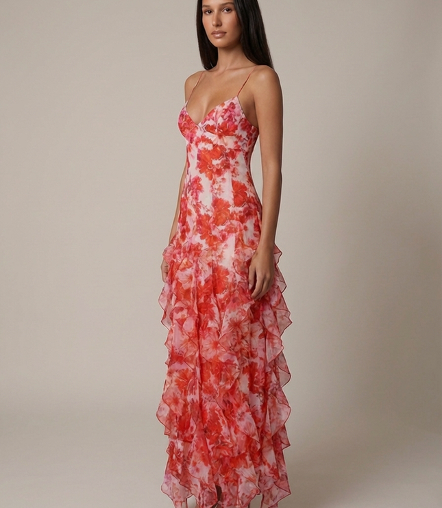 Vestido maxi coral de verano con escote en V para invitada de boda mujer