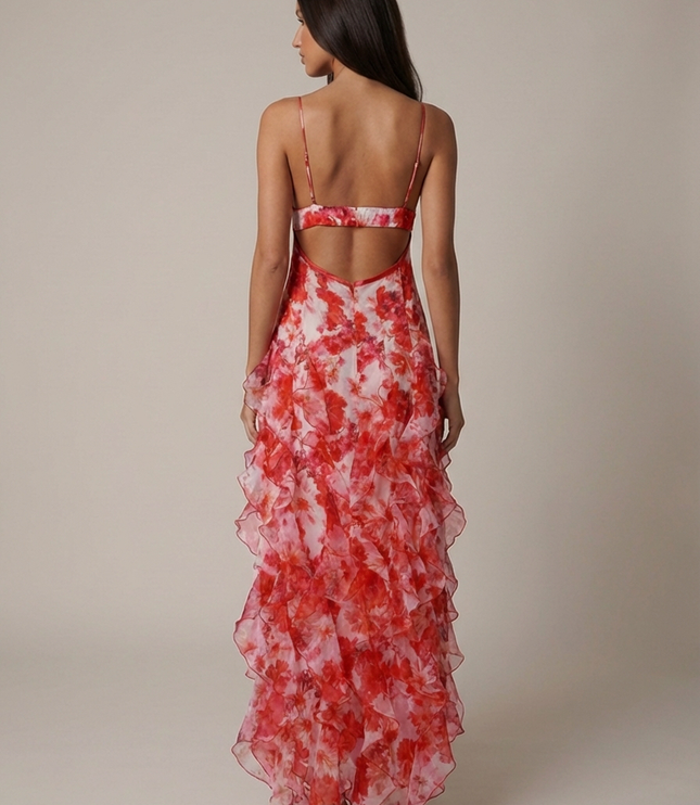 Vestido maxi coral de verano con escote en V para invitada de boda mujer