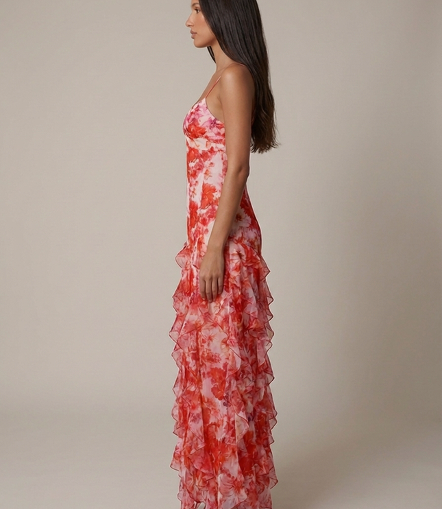 Vestido maxi coral de verano con escote en V para invitada de boda mujer