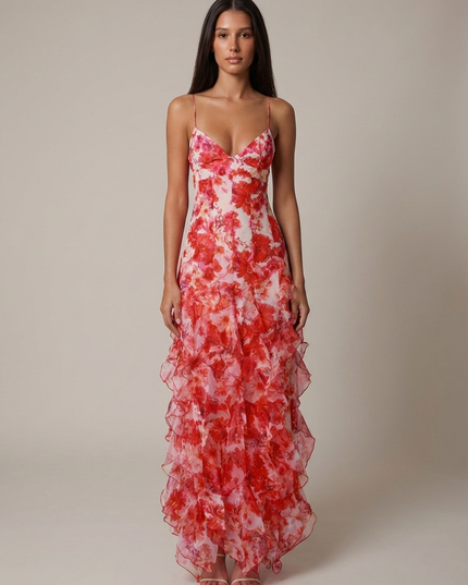 Vestido maxi coral de verano con escote en V para invitada de boda mujer