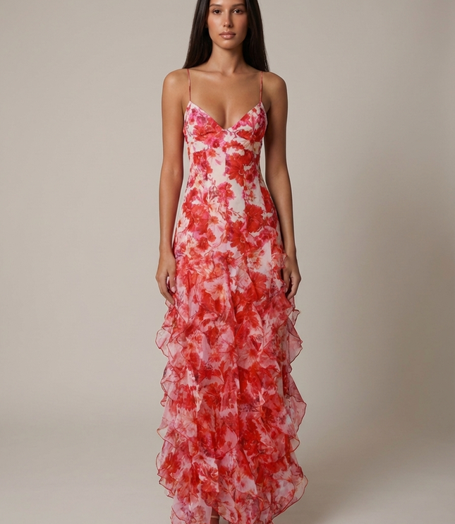 Vestido maxi coral de verano con escote en V para invitada de boda mujer