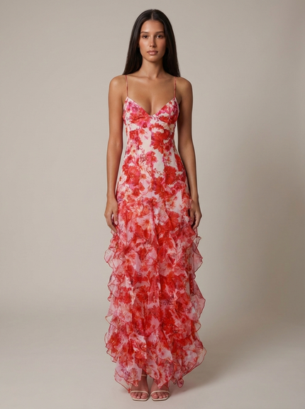 Vestido maxi coral de verano con escote en V para invitada de boda mujer