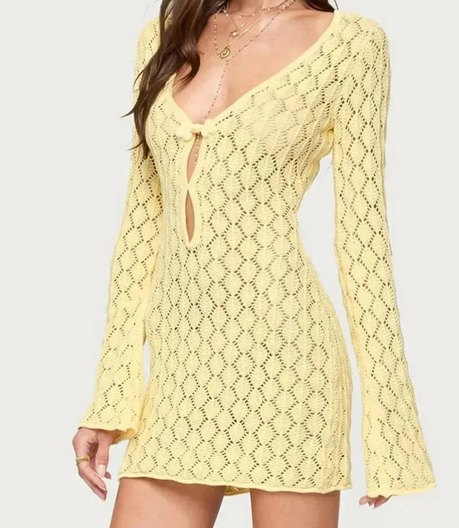 Yellow crochet tie front mini dress with long bell sleeves and deep V neckline