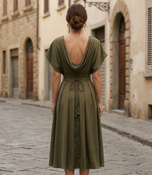 Back view of olive green midi dress with low open back and tie waist