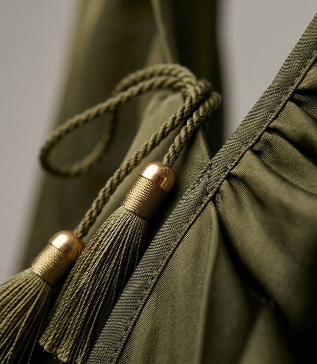 Close-up of olive green dress tie waist tassels and gathered fabric detail