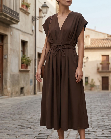 Brown deep V neck midi dress with cap sleeves and adjustable tie waist