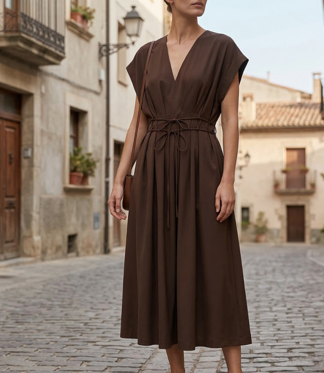 Brown deep V neck midi dress with cap sleeves and adjustable tie waist