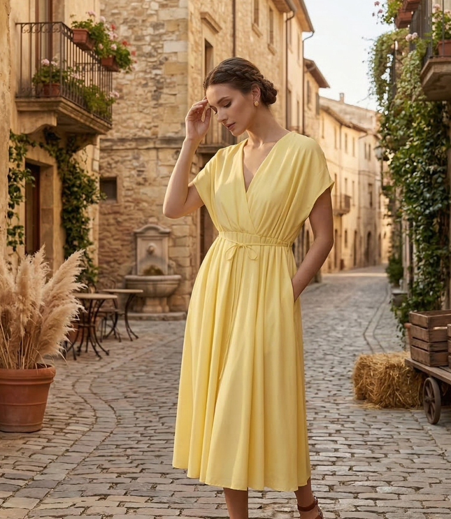 Yellow summer dress with deep V neck, short sleeves, pockets and tie waist