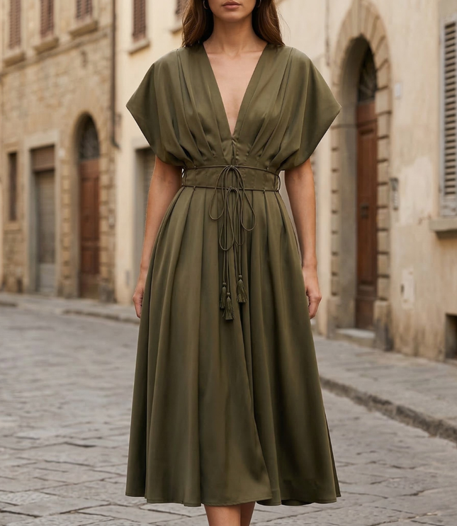 Olive green deep V neck midi dress with short sleeves and tie waist