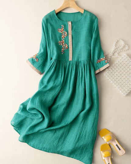 Teal women's summer embroidered midi dress with gathered waist and 3/4 sleeves