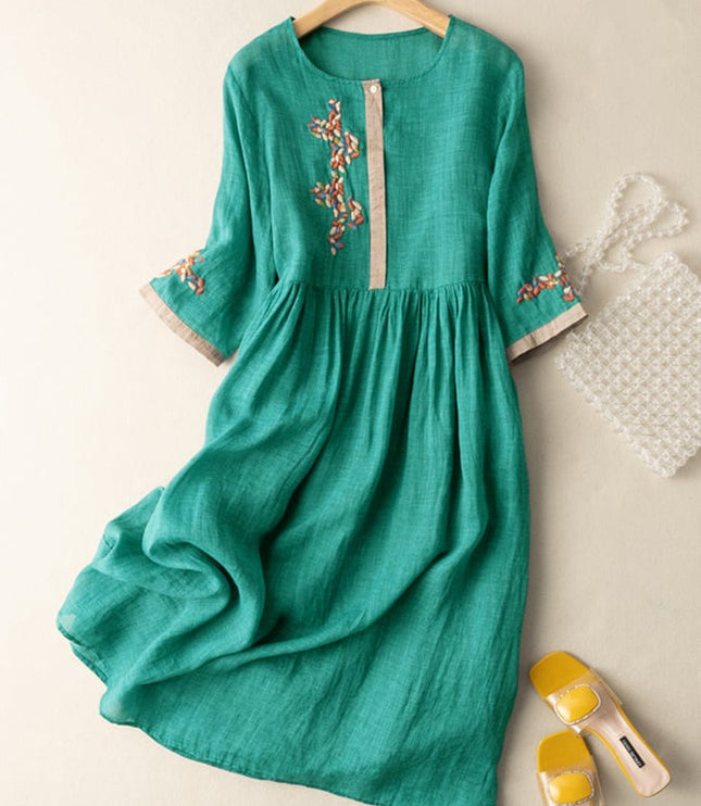 Teal women's summer embroidered midi dress with gathered waist and 3/4 sleeves