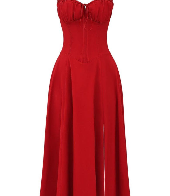 Red women's summer midi dress with a ruched corset bodice, delicate straps, and a side split.