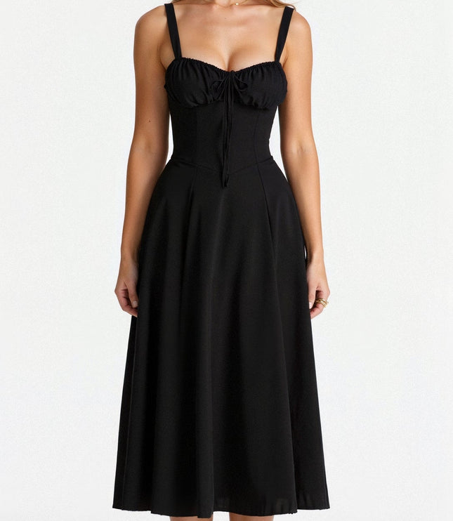 Sleek black corset midi dress with a sweetheart neckline, adjustable tie front, and flared skirt.