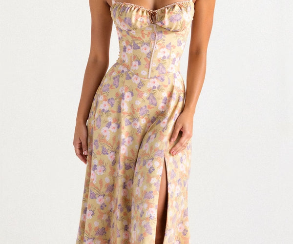 Women's Summer Floral Corset Side Split Midi Dress – Lavirel