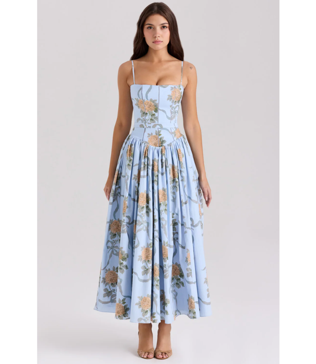 Women's light blue floral maxi dress with spaghetti straps, fitted bodice, and full skirt