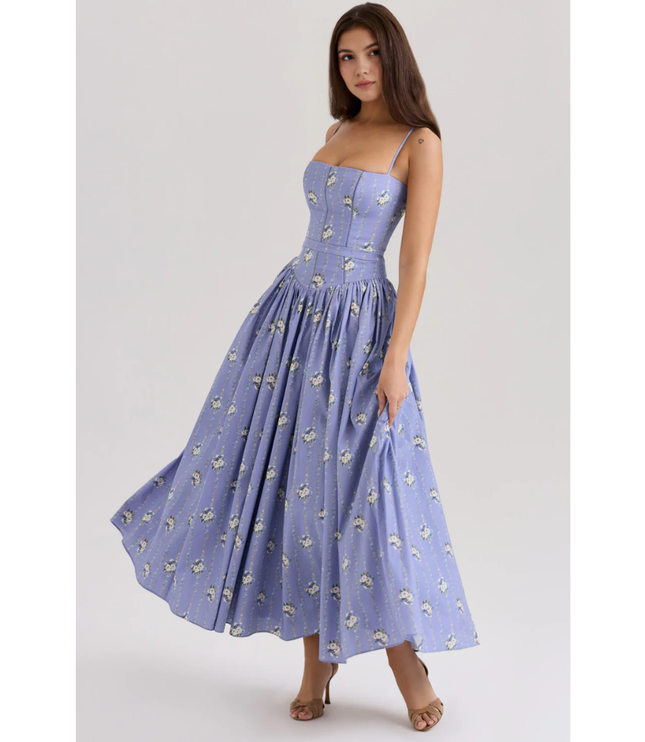Lavender floral maxi dress with square neckline and gathered skirt, front angle