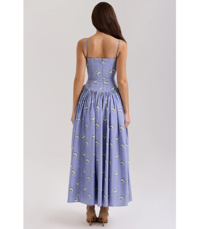 Back view of lavender floral maxi dress with open back and shoulder straps