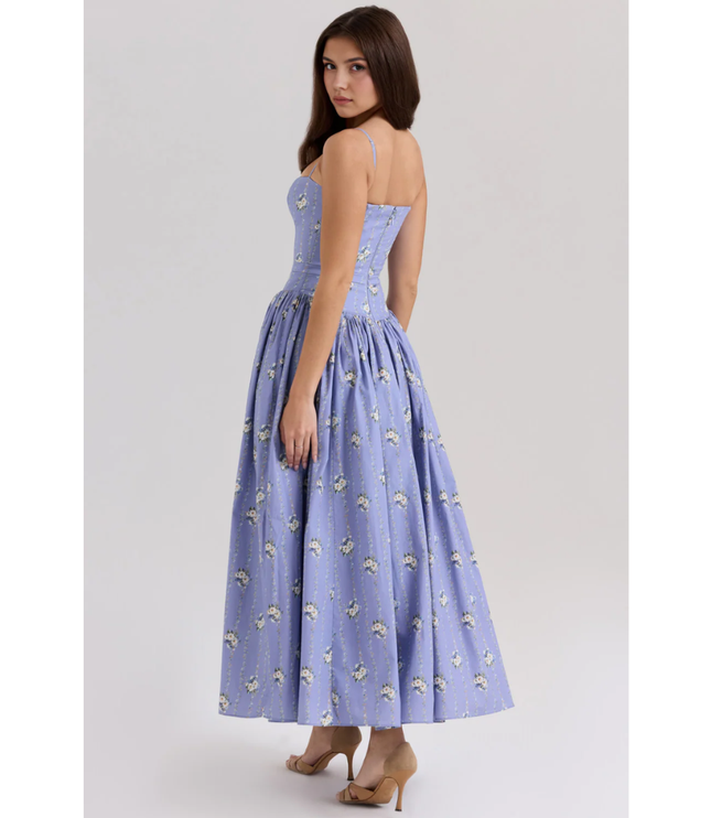 Side back view of lavender floral maxi dress showing fitted bodice and flared skirt