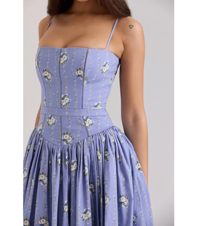 Close-up of lavender floral dress bodice with square neckline, seam details, and thin straps