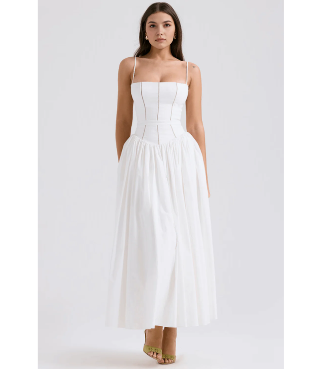 White strapless maxi dress with structured bodice and flowing skirt, front view