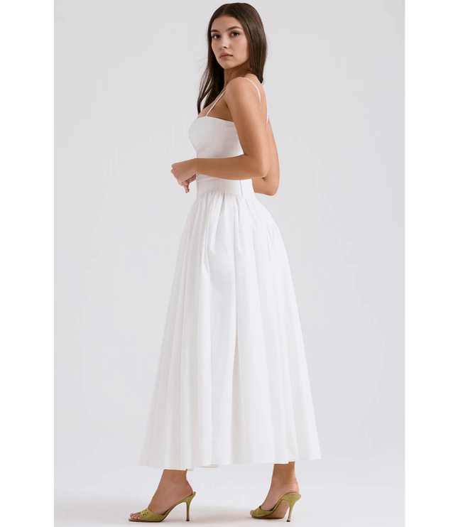 Back side view of white maxi dress with straps, open back, and flowing skirt