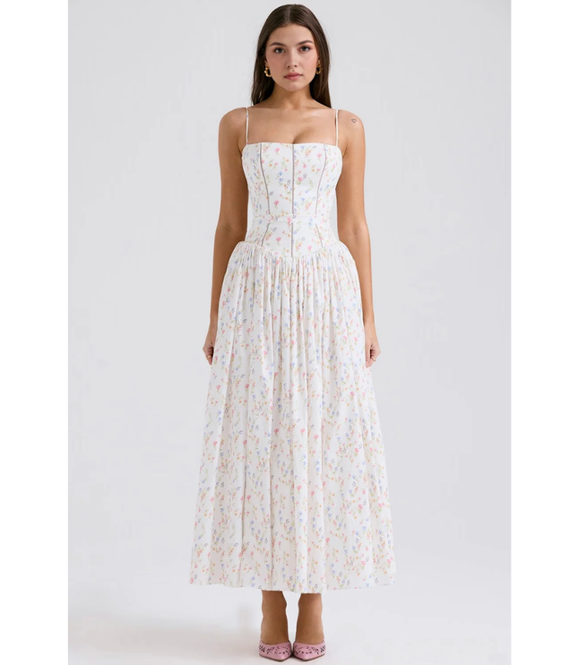 White floral bathing suit women style maxi dress with pastel print and fitted bodice