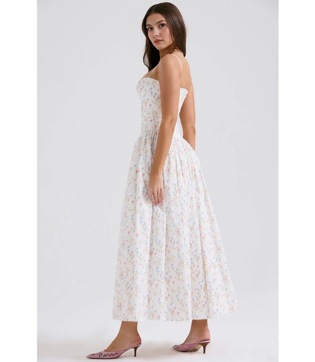 Back view of floral maxi dress with open back, straps, and full skirt